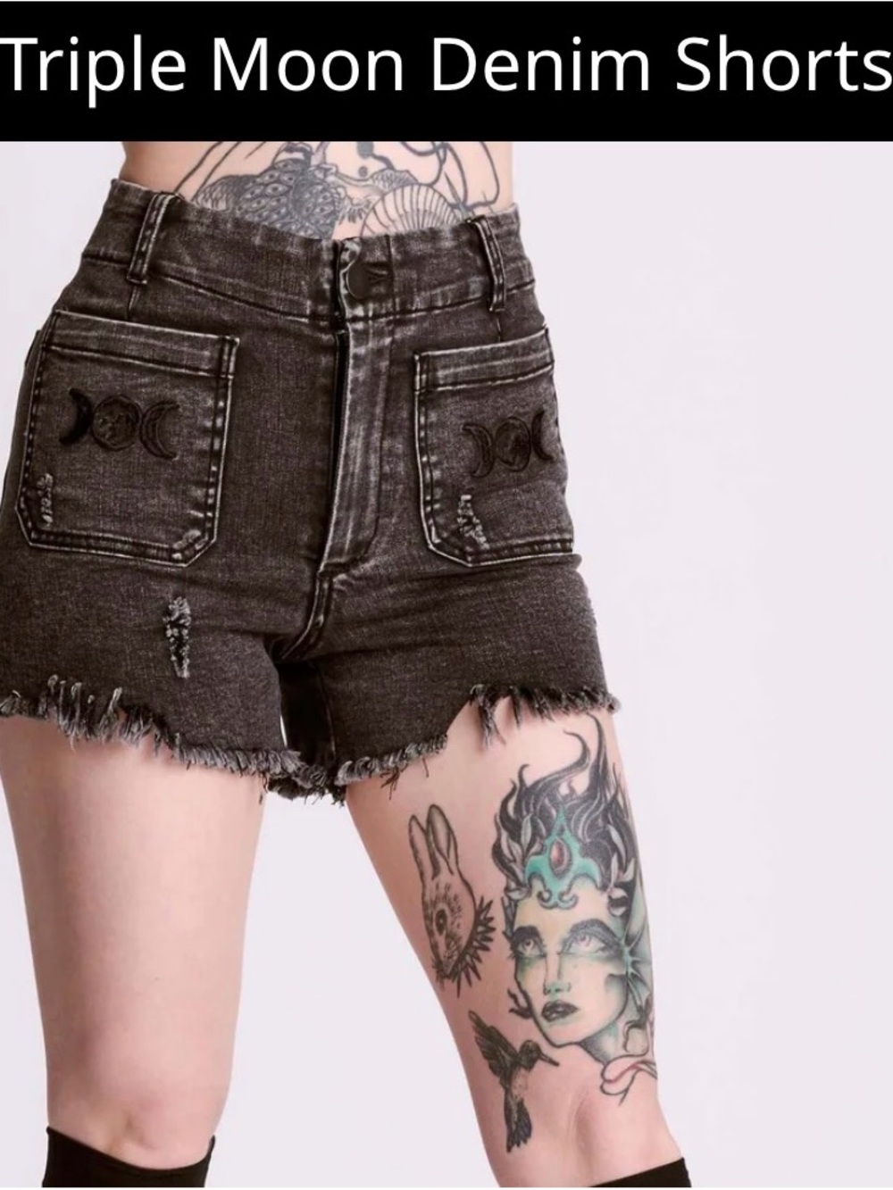 Triple moon midnight hour High-Waist Black Denim Shorts